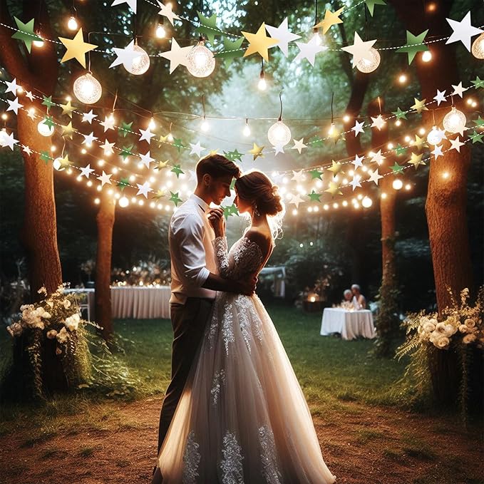 Patelai Glitter Star Garland Banner New Years Decor 130 Feet Star Hanging Banner Twinkle Backdrop for Birthday Classroom Wedding Halloween Christmas Party Supplies(Sage Green, Gold, White)