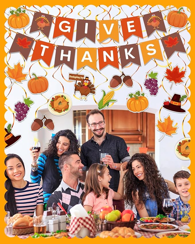 45 Pcs Thanksgiving Decorations, GIVE THANKS Banner with Hanging Swirls for Indoor Wall, Friendsgiving Decorations for Party Office Home Classroom