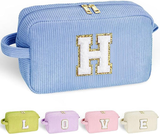 YOOLIFE Small Makeup Bag - Personalized Gifts Monogram Makeup Pouch Blue Corduroy Cute Makeup Bag Cosmetic Bag Make Up Bag Birthday Gifts for Teen Girls Women Her Wife Girlfriend Gifts Blue Letter H