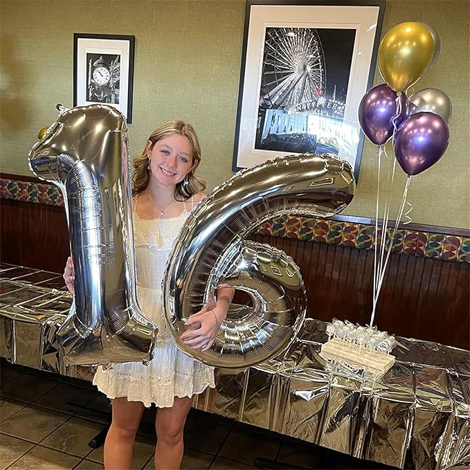 Silver Number Balloons, 40inch Large Number 4 Foil Helium Balloons for Girls Women, Self Inflating Number Balloons 0-9 for Men Boys 4th 14th 40th Birthday Anniversary Party Celebration Decoration