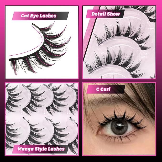 Veleasha Manga lashes Spiky EyeLashes Anime Lashes 8D Doll Eyelashes Natural Look Soft Wispy Fake Eyelash 5 Pairs 100% Handmade with Cotton Band (Otaku)