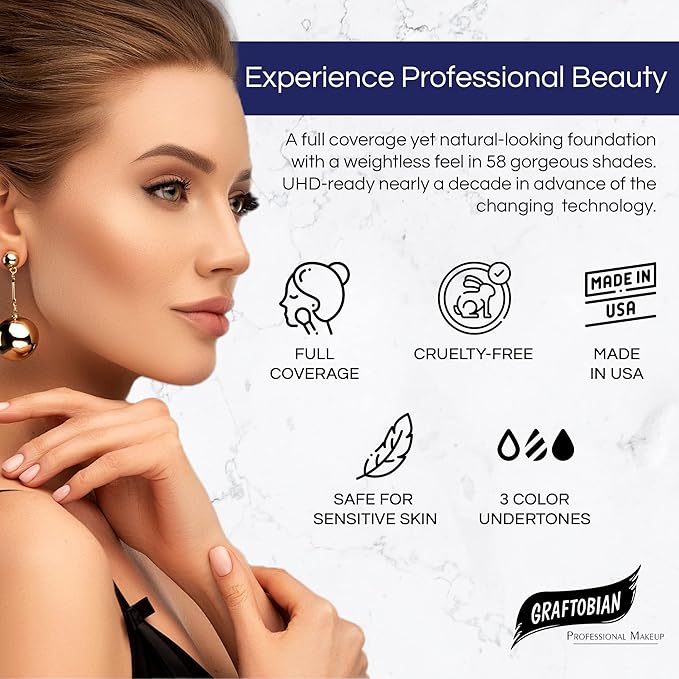 Graftobian HD Glamour Crème Foundation 1/2oz, Weightless Full Coverage Makeup, 65 Inclusive Shades, For All Skin Types, Natural or Full-Glam Looks, For Professionals and Beginners, Shadow Dance