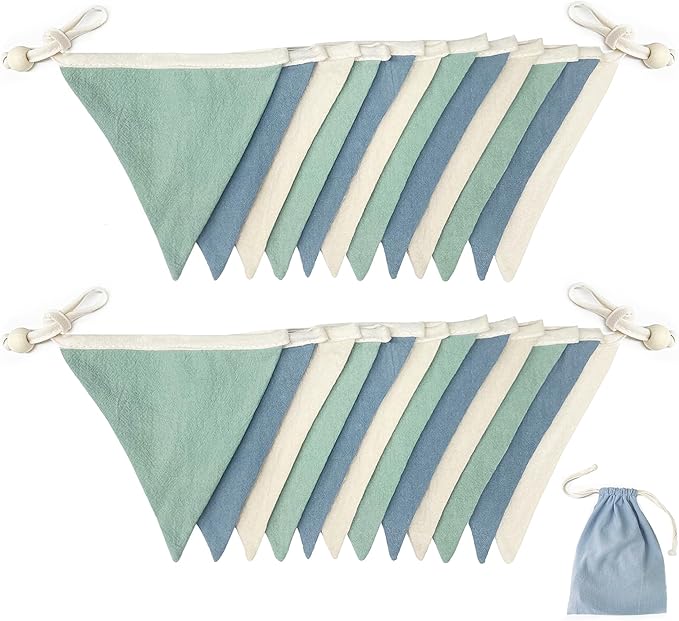 2 Sets of Blue Green Nursery Garland 24Pcs Green Blue Fabric Linen Pennant Banner Flags Triangle Streamers for Baby Playroom Decor Boys Nautical Birthday Hole in One Baby Shower Party Decorations