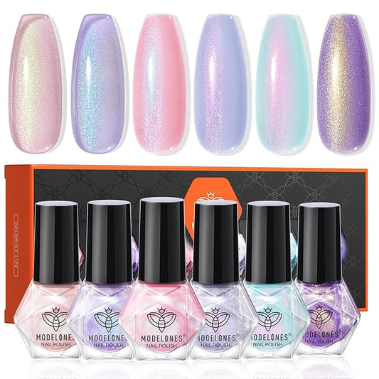 modelones Nail Polish Set, 6 Colors Charm Pink Blue Gold Purple Green Shimmer & Holographic Quick Dry Non Toxic Nail Polish Kit Salon Home DIY Manicure Kit Gift For Women Girl