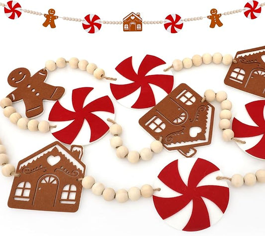 5.9FT Gingerbread Garland Christmas Decoration for Mantle, Xmas Gingerbread Man Wood Bead House Decor Indoor Fireplace