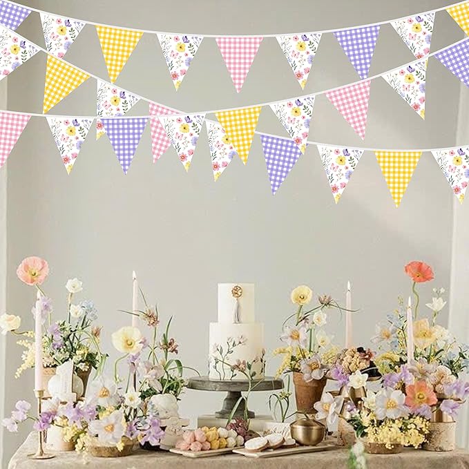 32Ft Wildflower Party Decorations Pink Purple Yellow Gingham Plaid Flowers Pennant Floral Banner Fabric Triangle Flag Garland Streamers for Easter Spring Summer Birthday Baby Shower Picnic Party Decor