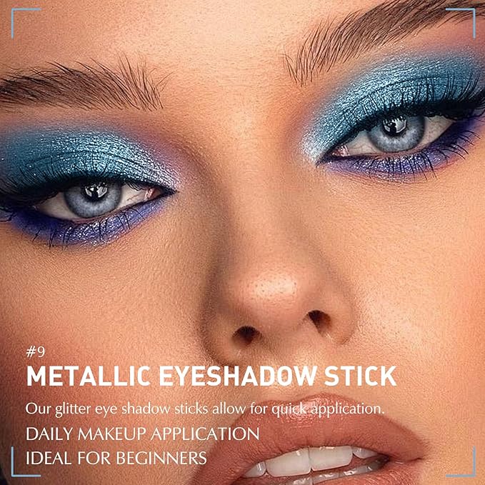 Glitter Eyeshadow Stick Metallic Chrome Finish, Shimmer Cream Eye Shadow Stick Long Lasting Holographic Color Sparkle Multi-Use Eye Brightener Highlighter Makeup Blendable Eyeliner Pencil, 9#