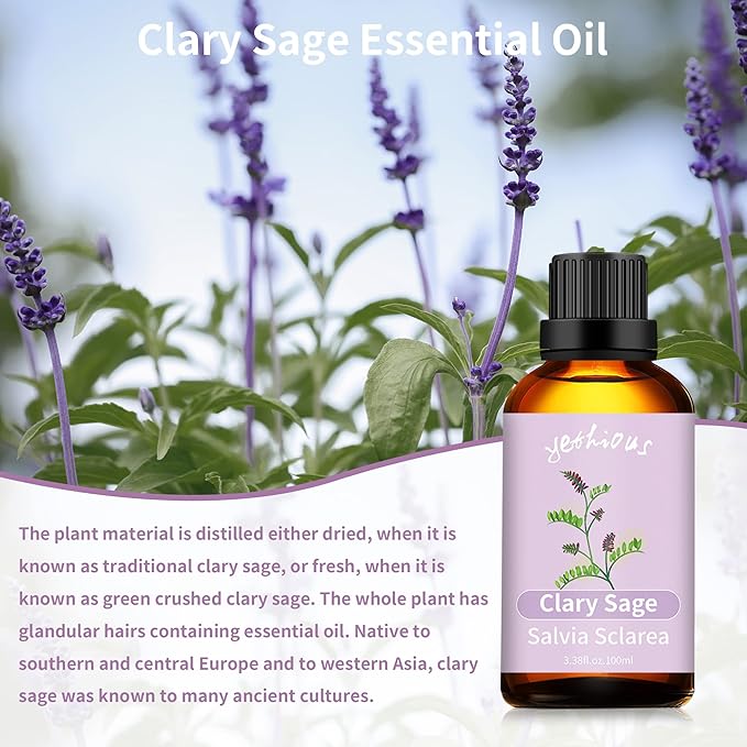 yethious Clary Sage Essential Oil for Diffuser & Aromatherapy, Skin, Candle Soap Making Fragrance DIY - Clary Sage Oil Organic 3.38 Fl Oz
