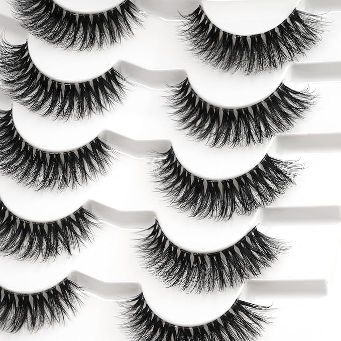 3D Clear Band Lashes Natural Volume Soft Faux Mink Lashes D Curl Cat Eye Wispy Fake Eyelashes Short Cross Reusable False EyeLashes 7 Pairs (No.197)