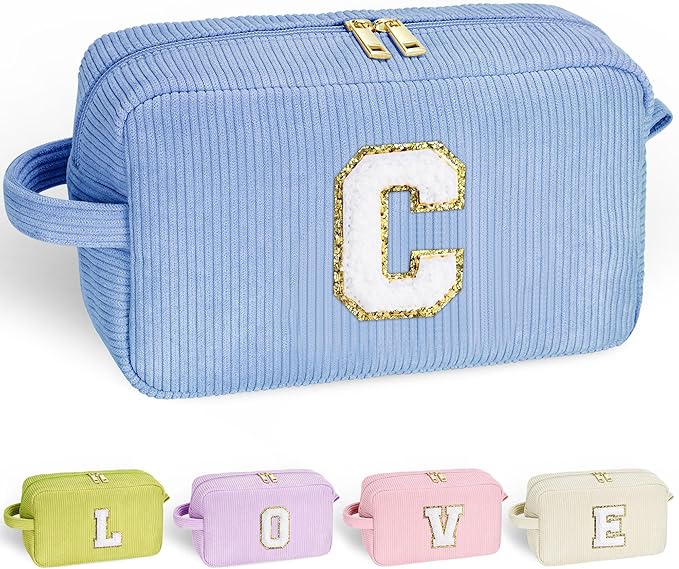 YOOLIFE Cute Initial Travel Makeup Bag - Girls Cosmetic Bag Skincare Bag Make Up Bag Teen Girl Gifts Trendy Stuff Monogram Makeup Bag Sister Daughter Friend Bridesmaid Gifts for Girl Women Letter C