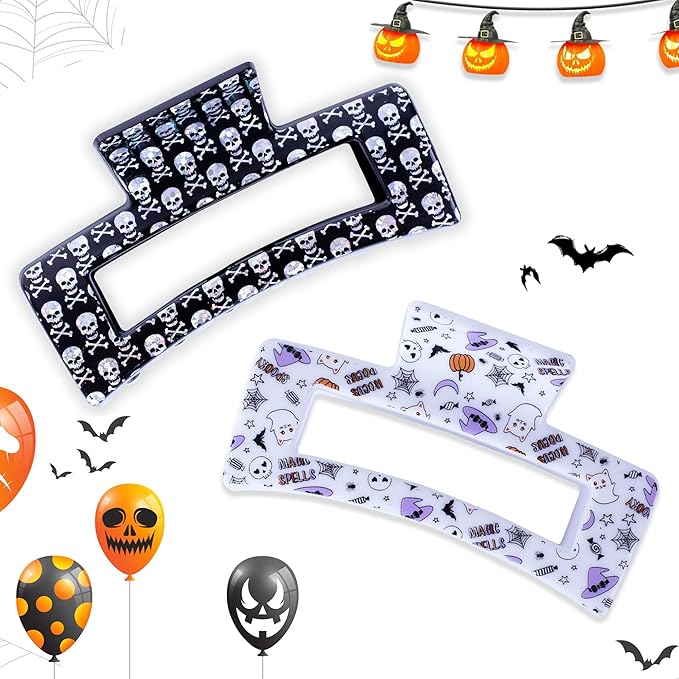 2PCS Halloween Hair Claws for Women - Laser Skull Hat Claw, Pumpkin Bat Witch Clips - Square Clip for Thick and Thin Hair, Strong Hold Jaw Accessories for Halloween Party Decor