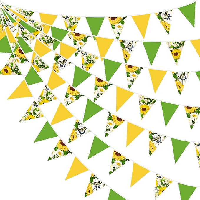 32Ft Yellow Green Pennant Banner Fabric Sunflower Butterfly Triangle Flag Bunting Garland for Spring Summer Party Decorations Birthday Wedding Baby Shower Tea Party Outdoor Garden Hanging Decorations