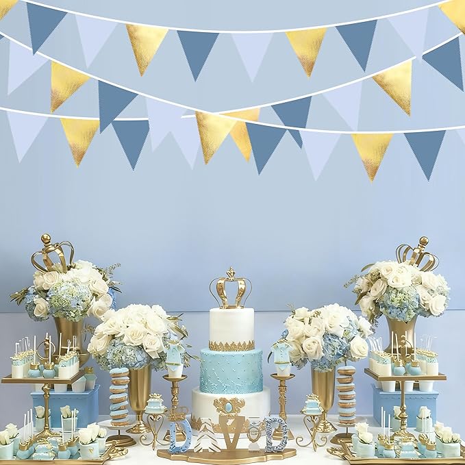 32Ft Dusty Blue Gold Party Decorations Dusty Blue Gold Triangle Banner Flag Pennant Fabric Garland Streamers for Nautical Birthday Ahoy Achor Bridal Baby Shower Sea Summer Graduation Party Decor