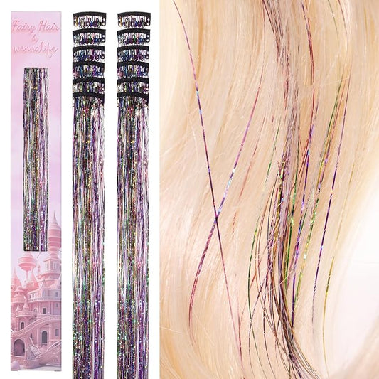 WENNALIFE Hair Tinsel kit for Girls, Clip in Rainbow, 12PCS 24 Inch Hair Accessories for Women Clip in Colorful Glitter Tinsel Hair Fairy Girls Hair Accessories for Kids