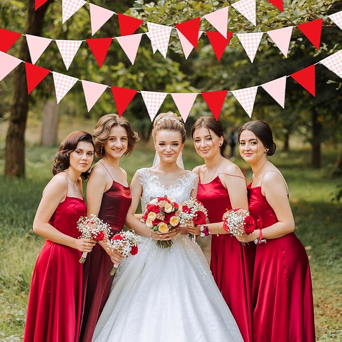 33 Ft Valentine's Day Hanging Banner Decoration Triangle Flag Red Pink Pennant Plaid Fabric Bunting Garland for Anniversary Wedding Baby Shower Party Supplies