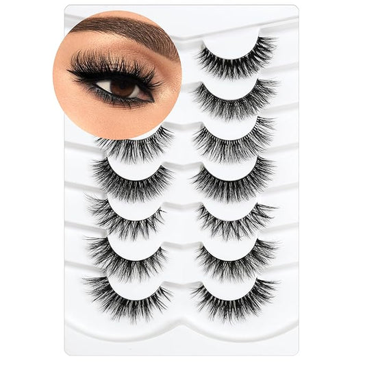 3D Clear Band False EyeLashes Soft Faux Mink Lashes Wispy Fluffy Eyelashes Natural Cat Eye Short Reusable 7 Pairs Happy Heartbeat(No.191)