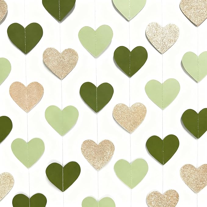 Sage Green Champagne Gold Heart Party Decorations Glitter Champagne Gold Paper Olive Green Love Heart Hanging Garland Banner Streamer for Birthday Baby Shower Wedding Anniversary Valentines Day Party