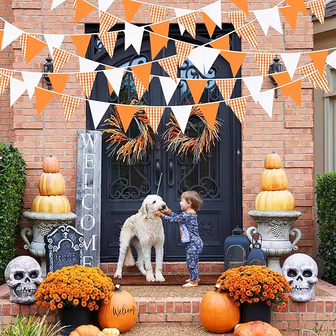 32Ft Orange Party Decorations Orange Buffalo Plaid Checkered White Triangle Flag Gingham Pennant Bunting Fabric Garland Streamers for Fall Autumn Wedding Birthday Thanksgiving Picnic Garden Decor