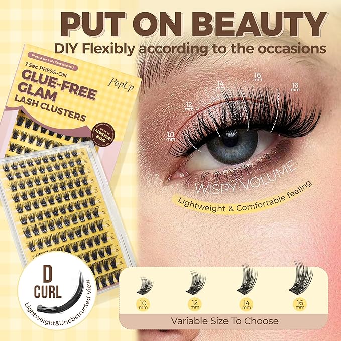 PopUp Self Adhesive Eyelashes Clusters, Press On Lashes Pre Glued Eyelash Extension Kit with Lash Tweezer,10-16mm No Glue No Remover Needed Self Adhesive Lashes Clusters NM03-D