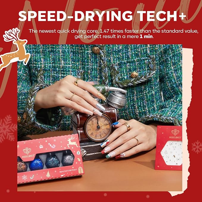 modelones New Year Nail Polish Set 6 Colors, Red Green Burgundy Gold Silver Blue Glitter Quick Dry Mini Nail Lacquer Kit with Christmas Stickers, Sparkle Winter Nail Art Manicure Gift for Girls Women