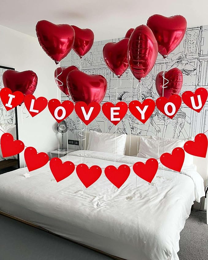 2 Pack Felt I Love You Bunting Banner, Valentines Day Felt Red Heart Decorations,Valentines Day White I Love You Sign Banner for Valentines Day Anniversary Wedding Party Decorations Supplies
