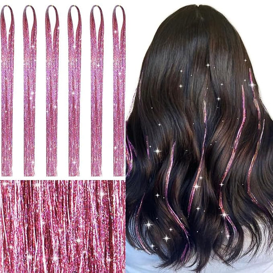 WENNALIFE Hair Tinsel for Girls, Pink Fairy Kit 1200 Strands 6PCS 48 Inch Heat Resistant Glitter Tinsel Hair Extensions Kit Christmas Angel Feathers Sparkle Strands