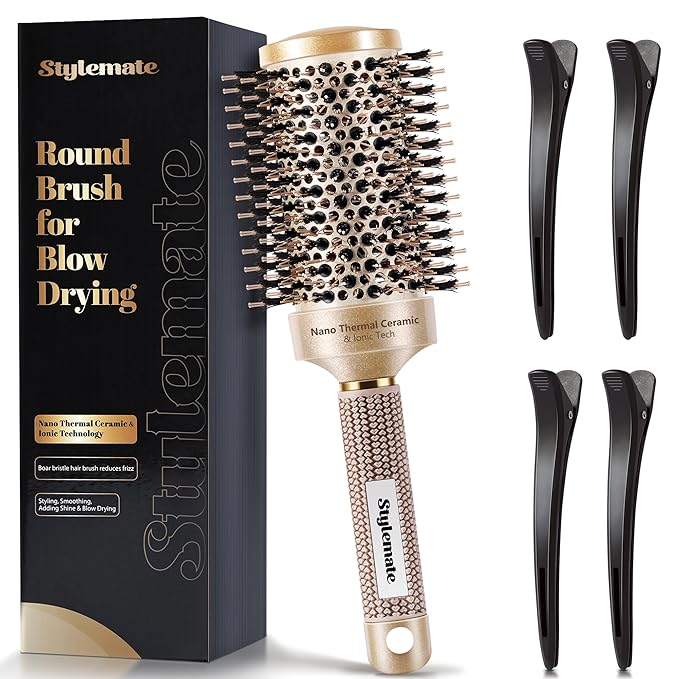 Round Brush for Blow Out, Nano Thermal Ceramic & Ionic Tech, 2.1 Inch Barrel, Boar Bristles, Roller Brush for Blow Drying and Styling, Gold, Hair Brush for All Hair Types