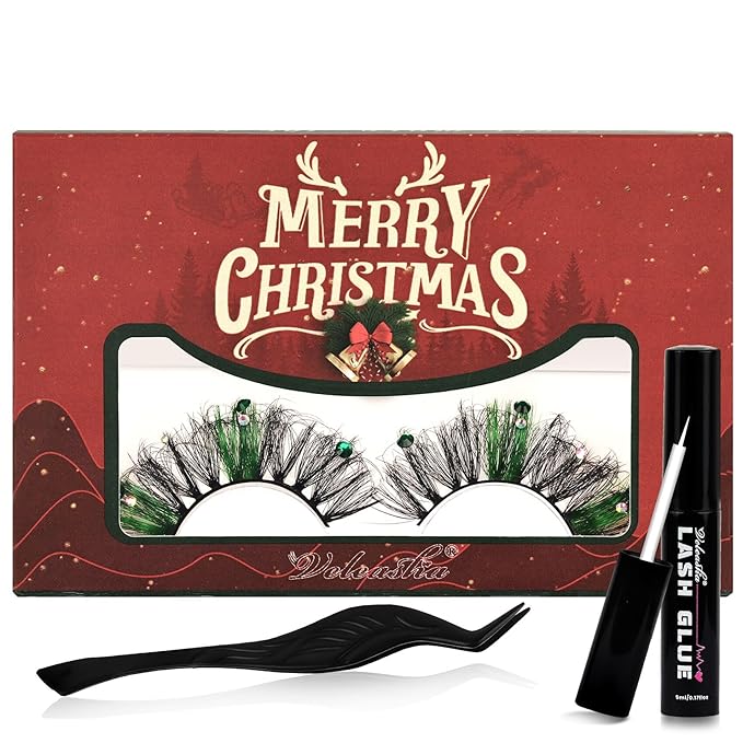 Veleasha Lashes Kit Christmas Eyelashes Green Fluffy Volume False Eyelashes for New Year With Waterproof Black Lash Glue and Tweezers 100% Handmade Santa Lashes (Jingle Bells)