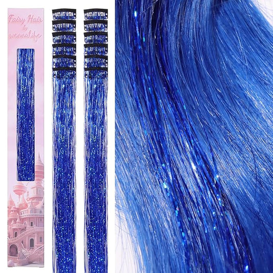 WENNALIFE Hair Tinsel kit for Girls, Clip in Sky Blue, 12PCS 24 Inch Hair Accessories for Women Clip in Colorful Glitter Tinsel Hair Fairy Girls Hair Accessories for Kids