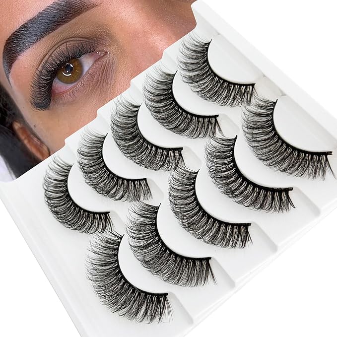 Short Thick Lashes Natural Look D Curl Eyelashes that Look Like Extensions 5 Pair Fluffy Mink Wispy Cat Eye Strip False Volume Lash Pack 8-14mm Full Mega Double Stacked Eyelash Small Fake Lashes