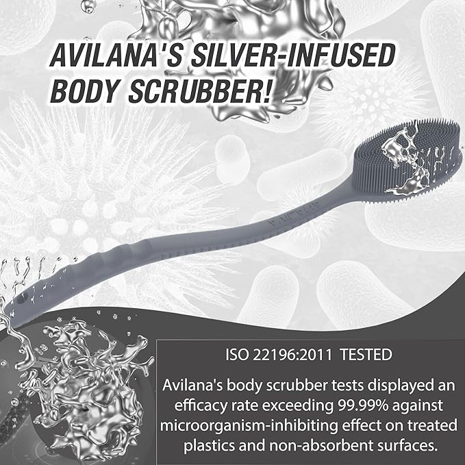 Avilana Silicone Body Scrubber - Food Grade & Lab Tested, Gentle Exfoliating Shower Brush for All Skin Types, Hygienic Quick-Dry Loofah Alternative (Dark Gray, Long Handle-Silver)