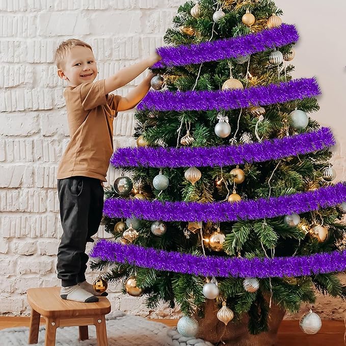 25 Feet Christmas Foil Fringe Banner Metallic Tassle Garland Metallic Backdrop Parade Floats Shiny Hanging Ceiling, Valentine's, Wedding, New Year Party Decorations(4" x 25', Purple)