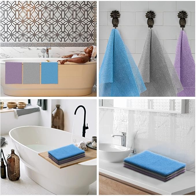 UJFQBH 3 Pieces African exfoliating net African Net Long Net Bath Sponge Exfoliating Shower Body Scrubber Back Scrubber Skin Smoother,Great for Daily Use (Purple Gray Blue)