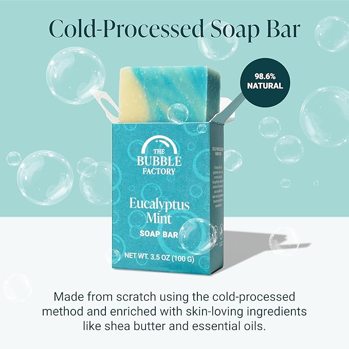 The Bubble Factory Handmade Soap, All Natural Soap for Women & Men, Hand, Bath & Body Natural Bar Soap, Vegan, Palm Oil Free, Made in USA with Shea Butter + Essential Oils, Eucalyptus Mint, 3 Bars