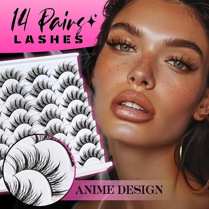Veleasha Manga Lashes Spiky Eyelashes Cat Eye Lashes Wet Look Lash Natural Look Eyelash Manhua Lash 3D Effect Anime Design 14 Pairs Pack (Celestial)