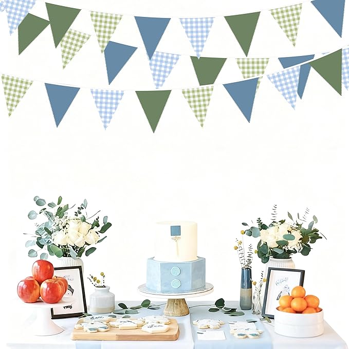 32Ft Blue Green Party Decorations Dusty Blue Sage Green Gingham Fabric Triangle Banner Flag Plaid Pennant Garland Streamers for Hole in One Birthday Baby Shower Masters Golf Graduation Decor Supplies