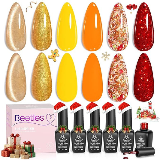 beetles Glitter Gel Polish Set - Daring Glow Collection, Gold Cat Eye Gel Colors Red Gold Glitter Shimmer Yellow Orange Christmas Nails Art Soak off Uv LED Manicure Nail Trend Gift for Women