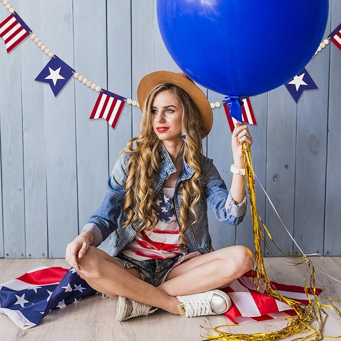 5.1 FT 4th of July Patriotic American Flag Wood Bead Garland Banner - Independence Day Decorations for Fireplace Mantle, Red White Blue Decor for Memorial Day, Veterans Day & Party Supplies