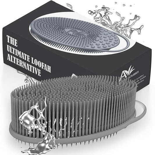 Avilana Silicone Body Scrubber - Food Grade & Lab Tested, Gentle Exfoliating Shower Brush for All Skin Types, Hygienic Quick-Dry Loofah Alternative (Gray, Exfoliate-Silver)