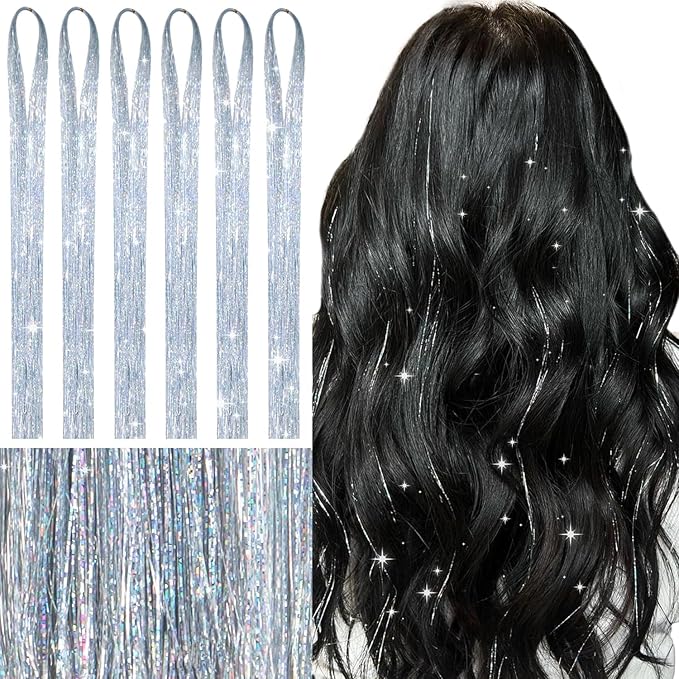 WENNALIFE Hair Tinsel for Girls, Silver Fairy Kit 1200 Strands 6PCS 48 Inch Heat Resistant Glitter Tinsel Hair Extensions Kit Christmas Angel Feathers Hair Sparkle Strands