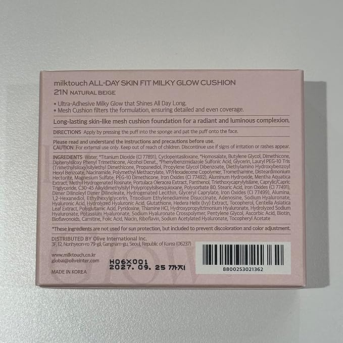 milktouch Cushion Foundation, 24H Flawless Skin, Radiant Shine, No Oxidation, Long-Lasting, Non-Creasing, 60% Hydrating Skincare Infused Korean Foundation, Valentines Gifts (21N Natural Beige)