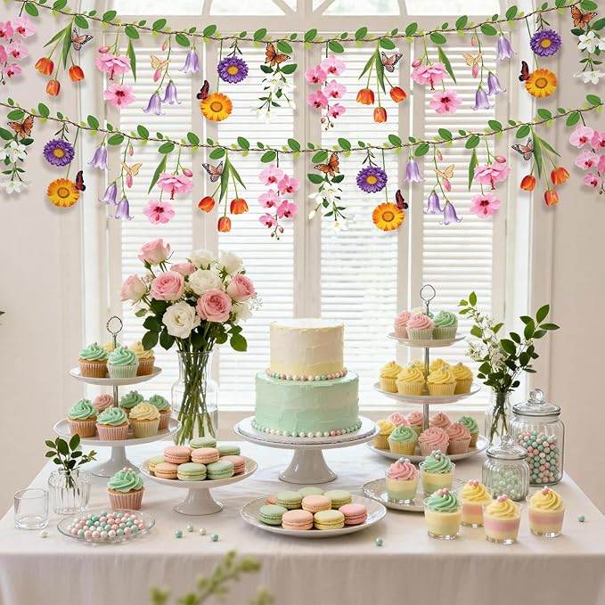 2PCS Flower Banner Reusable Wildflower Garland Floral for Spring Party Enchanted Garden Theme Picnic Wedding Baby Shower Birthday Tea Party Christmas Valentine's Day Supplies Home Decorations