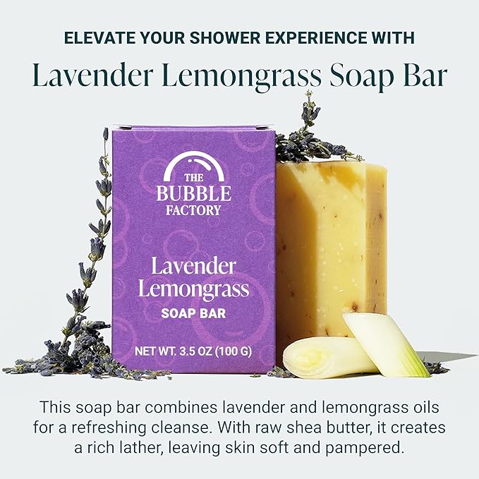 The Bubble Factory Handmade Natural Bath & Body Soap Bar, Vegan, All-Natural, Palm Oil Free, Made in USA with Shea Butter + Essential Oils, Lavender Lemongrass, 3 Bars