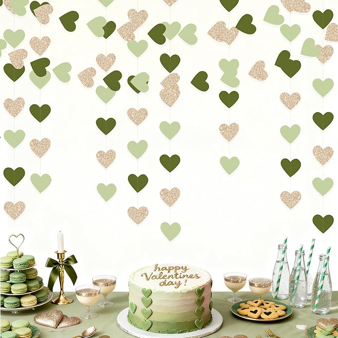 Sage Green Champagne Gold Heart Party Decorations Glitter Champagne Gold Paper Olive Green Love Heart Hanging Garland Banner Streamer for Birthday Baby Shower Wedding Anniversary Valentines Day Party