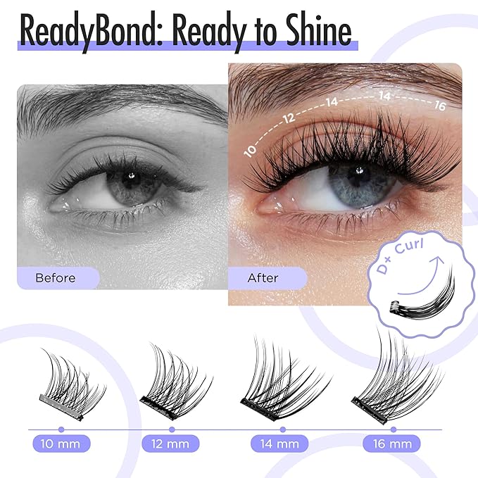 PopUp Self Adhesive Eyelashes Clusters, Press On Lashes Pre Glued Eyelash Extension Kit with Lash Tweezer,10-16mm No Glue No Remover Needed Self Adhesive Lashes Clusters AC01