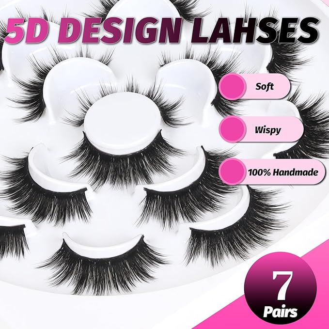 Veleasha Lashes 5D Faux Mink Lashes Volume False Eyelashes Handmade Fluffy Eye Lashes Fake Lashes Eyelashes 7 Pairs Luxurious Fake Eyelashes Pack (5D15)