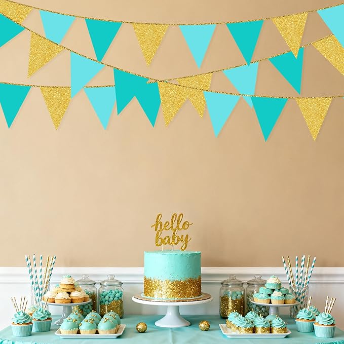 Teal Aqua Blue and Gold Party Decorations Pennant Banner Flag Hanging Glitter Paper Triangle Bunting for Baby Shower Birthday Graduation Bridal Shower Wedding Engagement Turquoise Party Decor Supplies