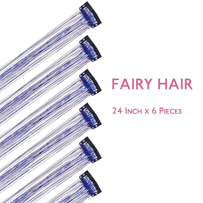 WENNALIFE Hair Tinsel Clip In for Girls Sky Blue, 6pcs 24 inch Clips Tinsel Hair Extensions Clip in Colorful Glitter Clips Sparkle Fairy Hair Accessories for Kids