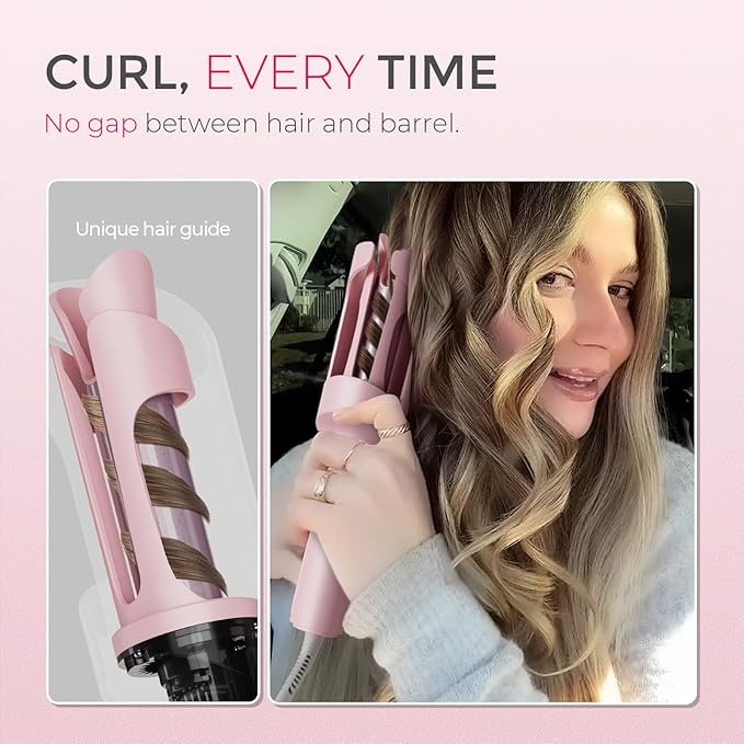 TYMO Automatic Rotating Curling Iron - TYMO CURLPRO Beach Waves Curling Wand, Portable Hair Curler, 500 Million Ionic, Dual Voltage & Lightweight for Travel, Ceramic Coating, 1 Inch, Pink