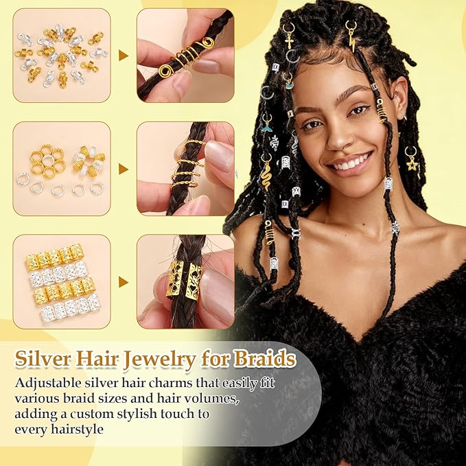 305PCS Gold Silver Hair Jewelry for Braids, Loc Jewelry for Hair Dreadlocks Braid for Women Men, Hair Cuffs Rings Charms Pendants Clips Dreadlock Decoration Accessories for Braided Hairstyles